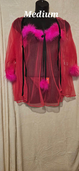 3pc Sheer Chemise set with Fax Fur Trim (sale)