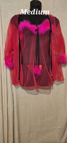 3pc Sheer Chemise set with Fax Fur Trim (sale)