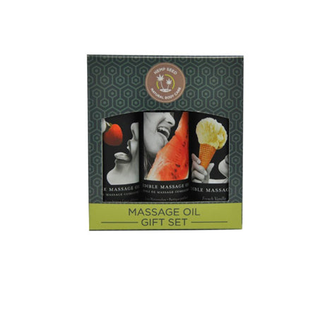 Earthly Body Edible Gift Set with Vanilla, Strawberry and Watermelon 2 oz massage Oils 2 oz
