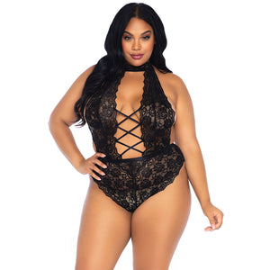 High Neck Floral Backless Teddy with Crotchless thong (Black 1x/2x)
