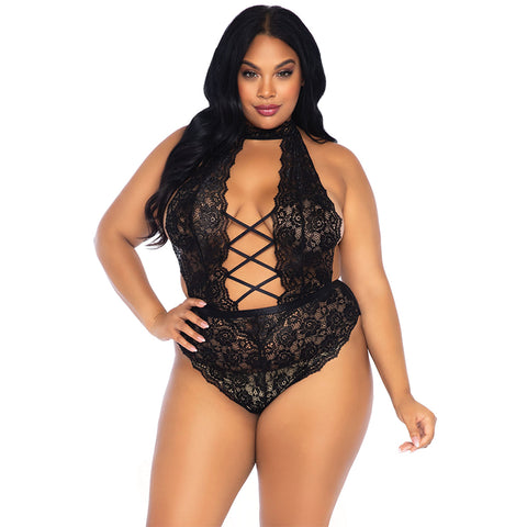 High Neck Floral Backless Teddy with Crotchless thong (Black 1x/2x)